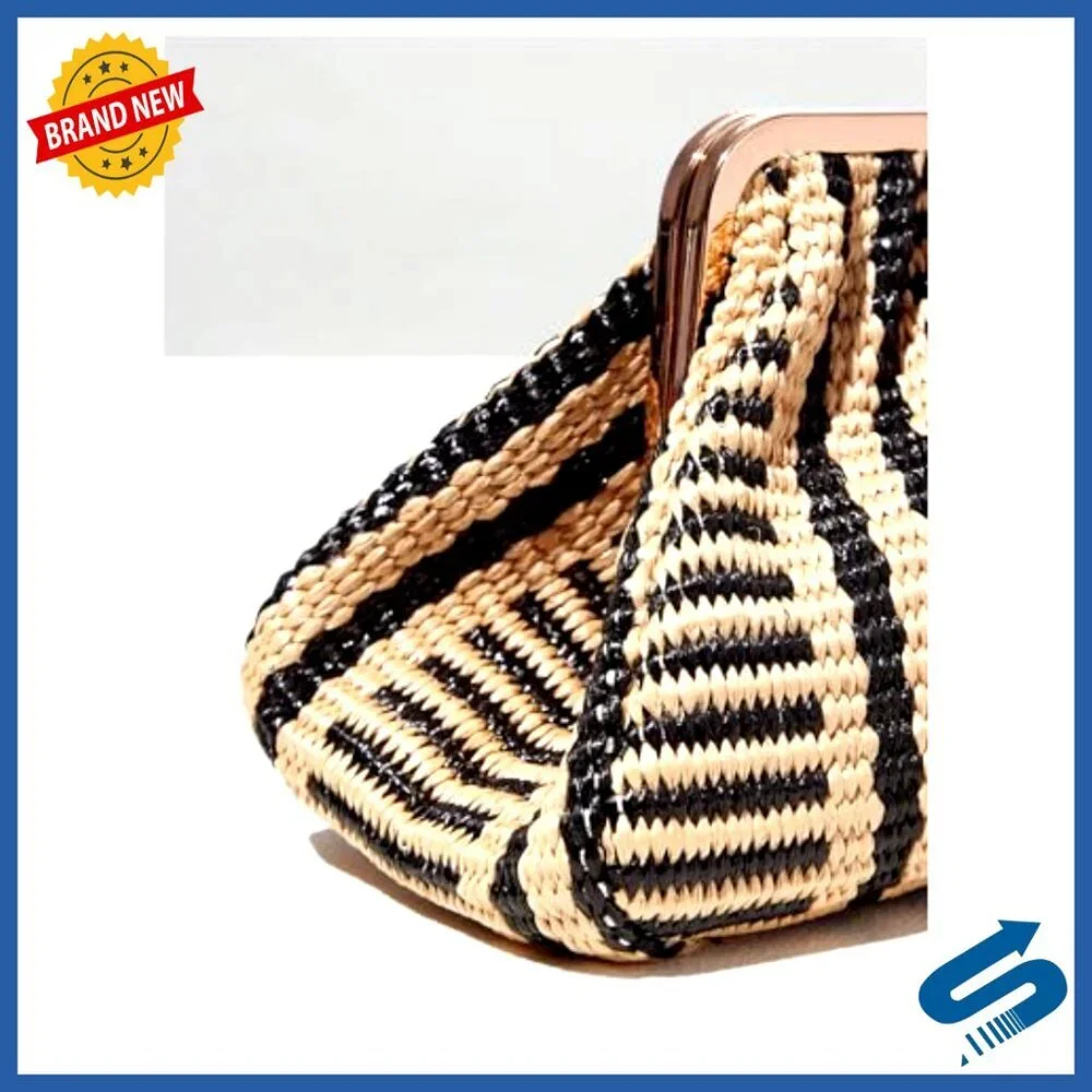 Woven Straw Evening Clutch Elegant Ruched Kiss Lock Dumpling Bag Formal